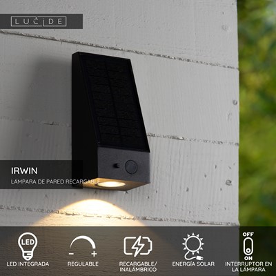 Lucide IRWIN - Lámpara de pared - Energía solar - LED Regul. - 1x2W 3000K - IP54 - Sensor movimiento & día/noche - Negro